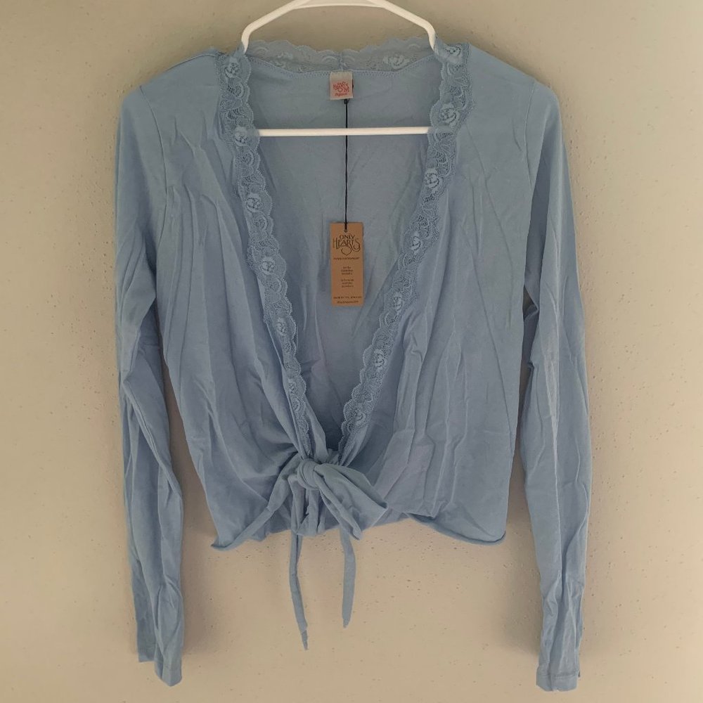 Lightweight Light Blue Wrap Tie Long Sleeve Top Blouse & Sweater w/ Lace Trim